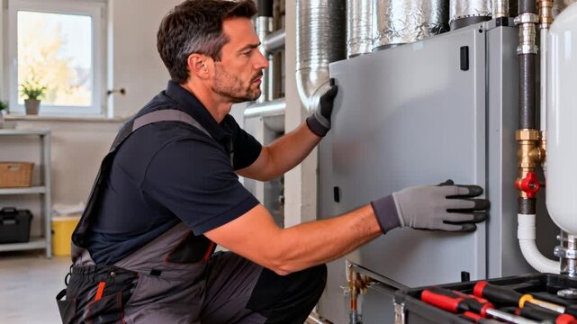 Technician inspecting an open residential heating unit, revealing internal components and ductwork during professional maintenance and service in a modern home.