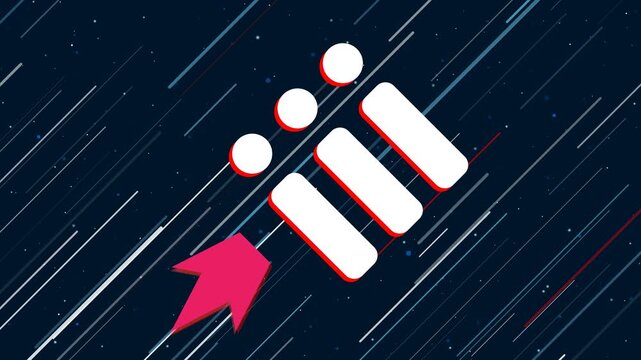 List symbol flies through the universe on a jet propulsion. The symbol in the center is shaking due to high speed. Seamless looped 4k animation on dark blue background with stars