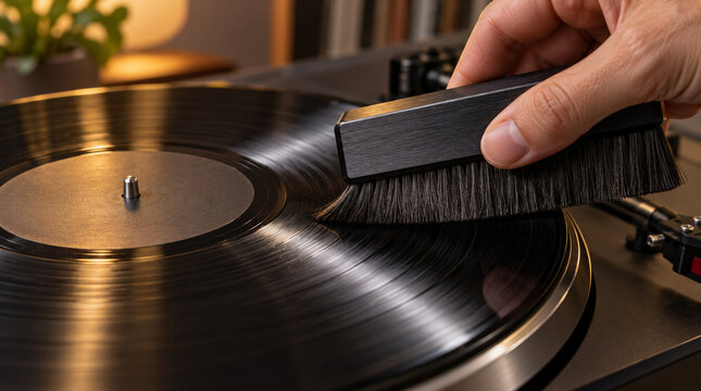 Mano limpiando disco de vinilo mediante cepillo antiest&aacute;tico