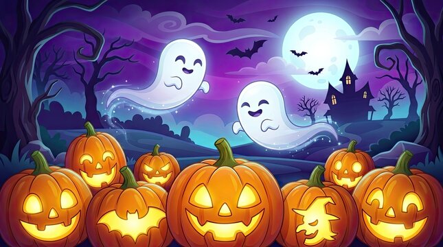 Cute cartoon ghosts floating over a field of carved glowing jack o lanterns on a spooky halloween night