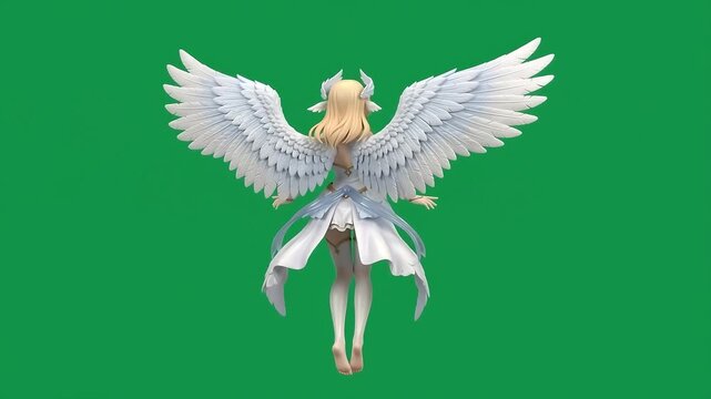 Anime Angel Girl Collectible Figure with Wings, Blender 3D Character Rotating on Green Screen