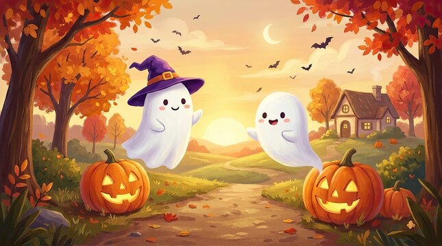 Cute cartoon ghosts wearing a witch hat and playing in a magical autumn forest with glowing jack o lanterns