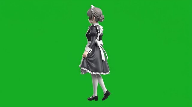 Anime Maid Girl Collectible Figure in Uniform, 3D Blender Character Rotating on Green Screen