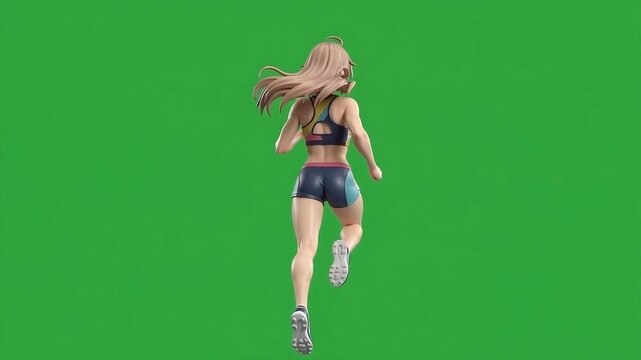 Anime Sporty Girl Collectible Figure in Running Pose, 3D Blender Character Rotating on Green Screen