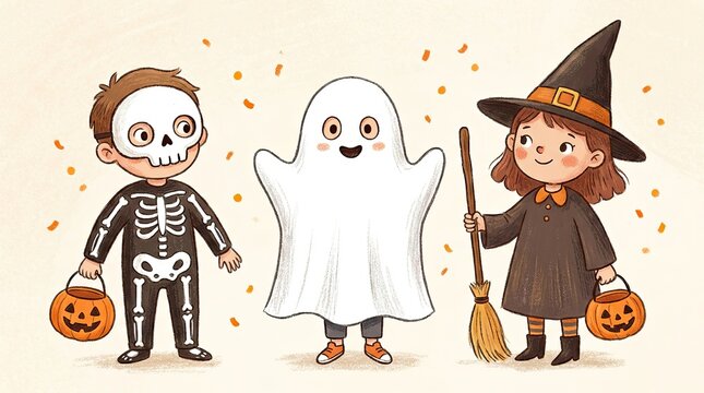 Cute cartoon children dressed in halloween costumes of a skeleton a ghost and a witch with pumpkins