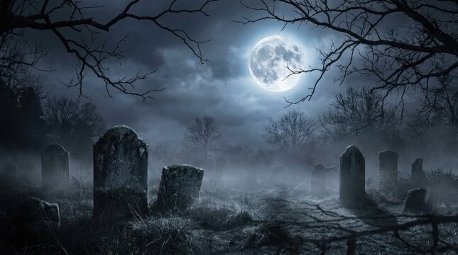 Spooky graveyard with old tombstones under a bright full moon in a dark foggy night sky
