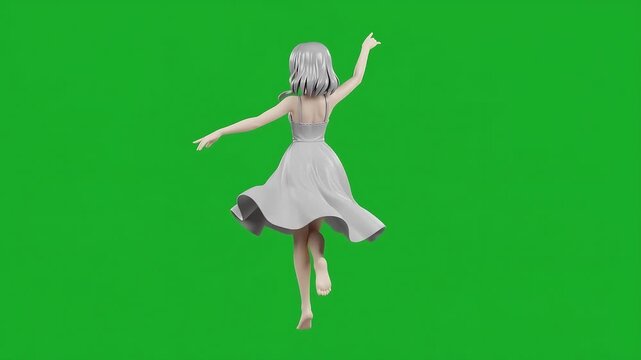Anime Girl Dancer Collectible Figure in Flowing Dress, Blender 3D Character Rotating on Green Screen