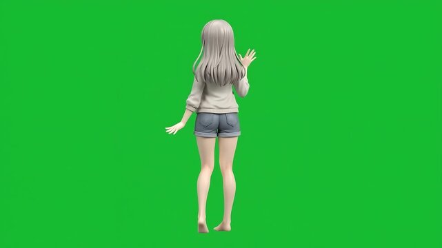 Anime Girl Waving Pose Collectible Figure, Friendly Blender 3D Character Rotating on Green Screen