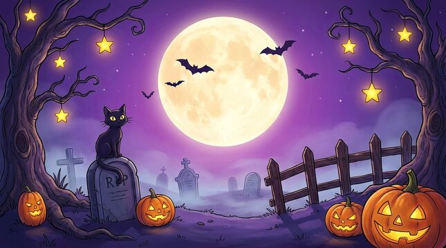 Spooky halloween night landscape featuring a glowing full moon black cat pumpkins and flying bats in purple background
