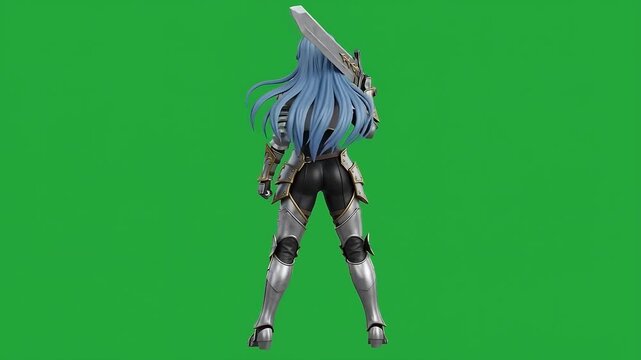 Anime Female Warrior Collectible Figure with Greatsword, 3D Blender Character Rotating on Green Screen