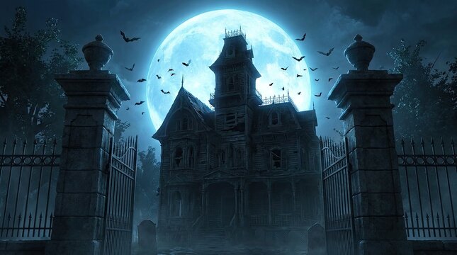 Spooky haunted mansion with a flock of bats flying under a large full moon at night
