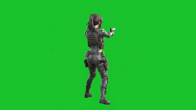 Anime Gunslinger Girl Collectible Figure with Pistol, 3D Blender Character Rotating on Green Screen