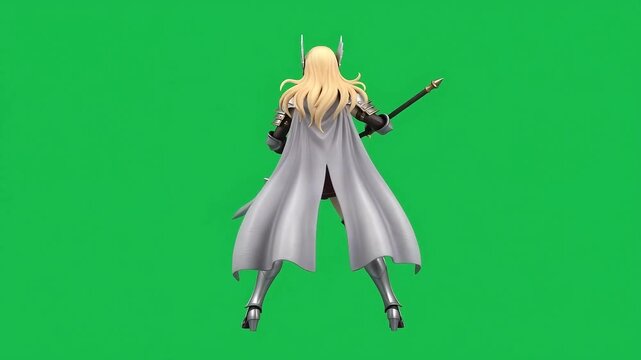 Anime Spear Warrior Girl Collectible Figure, Blender 3D Character Rotating on Green Screen