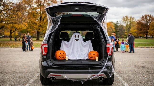 Decorated car trunk with a ghost and pumpkins for a festive community trunk or treat halloween event