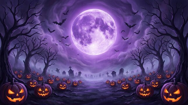 Spooky halloween night background with glowing jack o lanterns in a dark forest under a purple full moon