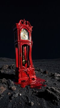 A vibrant red grandfather clock melting into a liquid puddle on a dark volcanic lunar landscape representing the surreal passage of time.