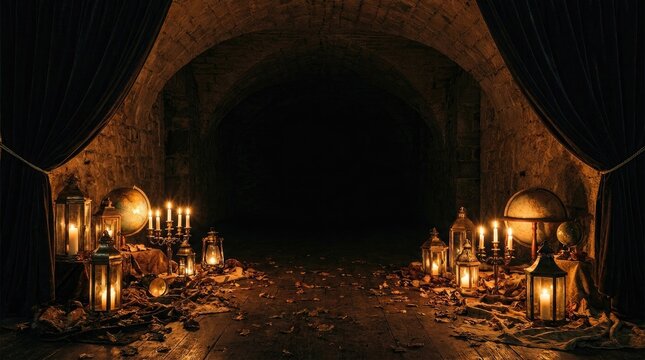 Atmospheric dark room with glowing candles and lanterns creating a magical and mysterious romantic evening setting