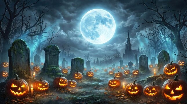 Spooky halloween graveyard scene with glowing jack o lanterns and a bright full moon in the night sky
