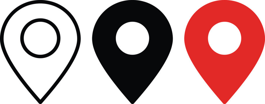 Three map location pin icons in outline, solid black, and solid red styles for navigation, travel, and geographic point of interest web use