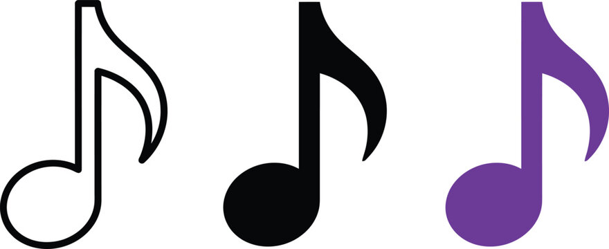 Three musical note icons in a row, featuring a black outline, a solid black silhouette, and a solid purple music note on white background