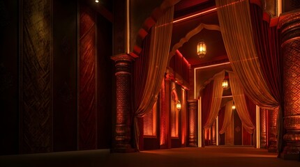 Fototapeta premium Opulent palace interior with red curtains and traditional lanterns