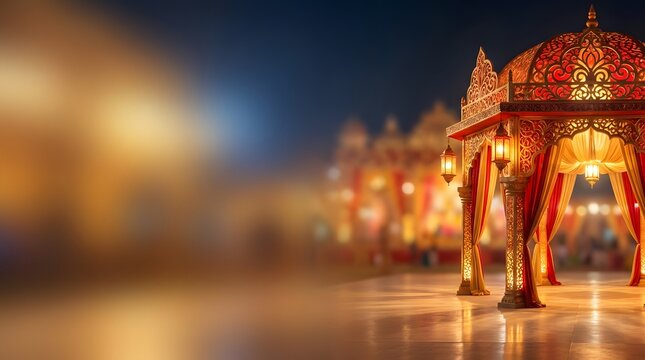 Traditional indian wedding mandap decorated with lights at night