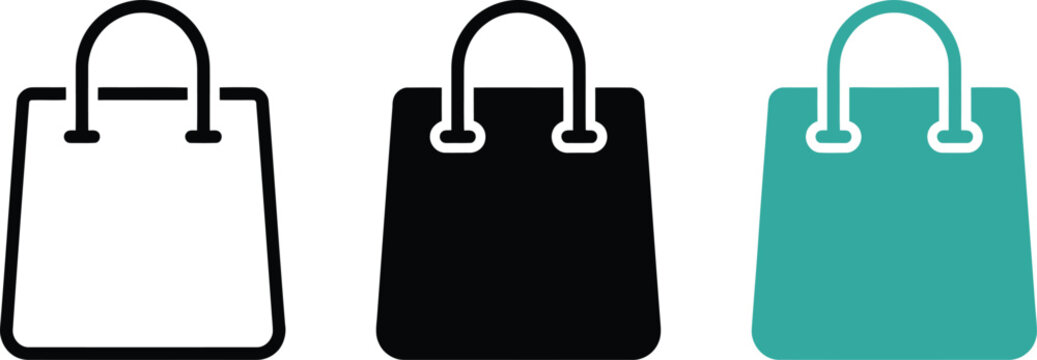 Three shopping bag icons with handles, featuring a black outline, a solid black silhouette, and a solid teal bag on white background