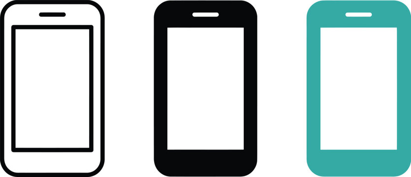 Three smartphone icons displayed horizontally, featuring a black outline, a solid black silhouette, and a solid teal phone on white background