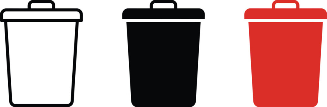 Three trash can or recycle bin icons in outline, solid black, and solid red styles for delete, remove, and waste management web interface