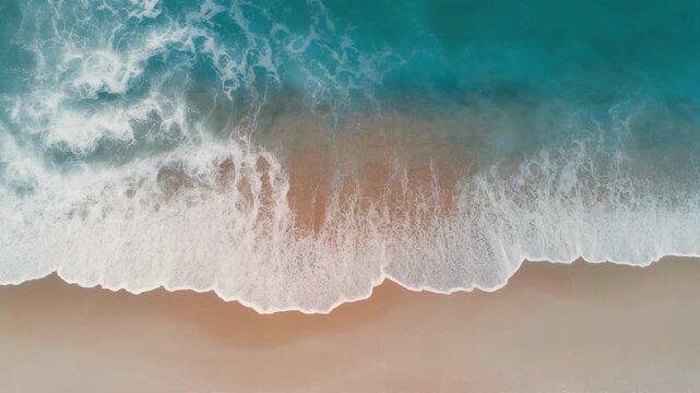 Aerial drone gliding over gentle ocean waves crashing on a sandy beach at sunrise with warm light