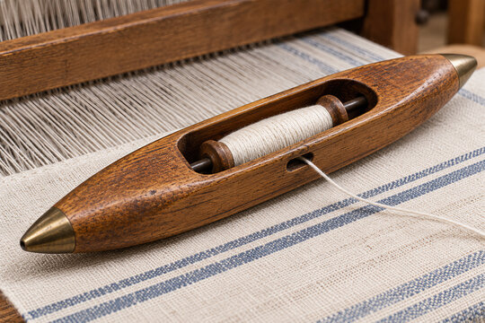 Wooden shuttle with thread on weaving loom background