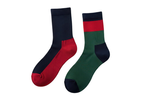 Pair of colorful cotton socks with patterns isolated on transparent background