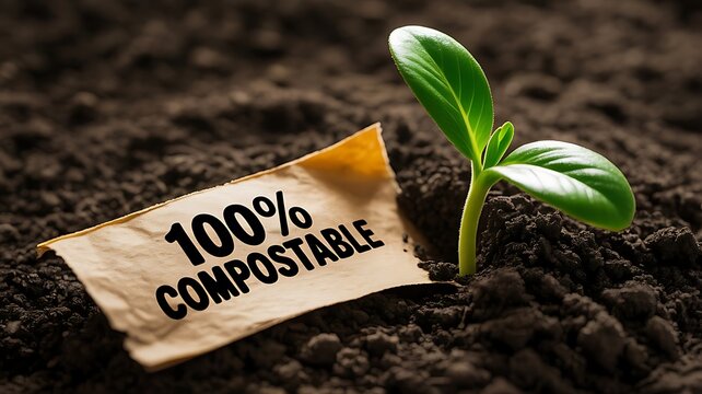 A small green seedling growing from dark soil next to a torn piece of brown paper with the text 100 percent compostable written in black ink