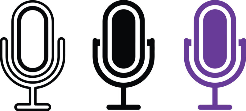 Three variations of a microphone audio icon, including a black outline version, a solid black filled version, and a solid purple filled version