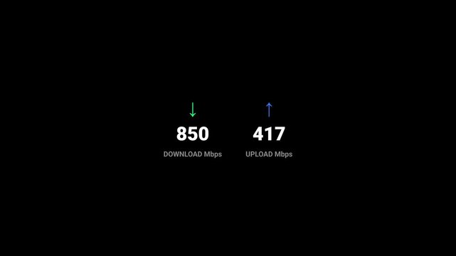Internet speed test animation with download and upload Mbps numbers network connection concept