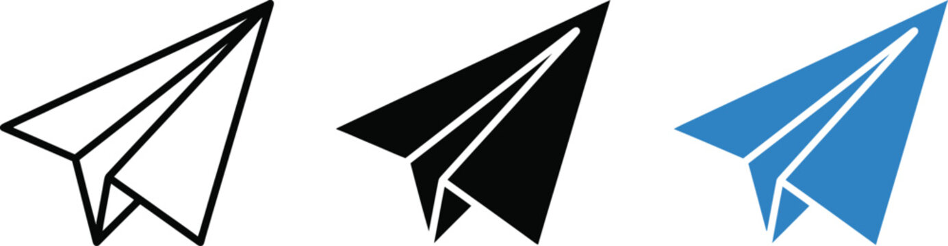 Three variations of a paper plane icon, including a black outline version, a solid black filled version, and a solid blue filled version