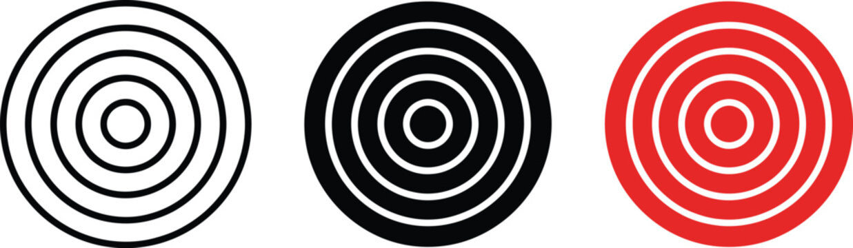 Three variations of a target bullseye icon, including a black outline version, a solid black filled version, and a solid red filled version