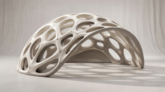 A modern architectural structure featuring a complex organic grid design as an elegant white abstract background concept