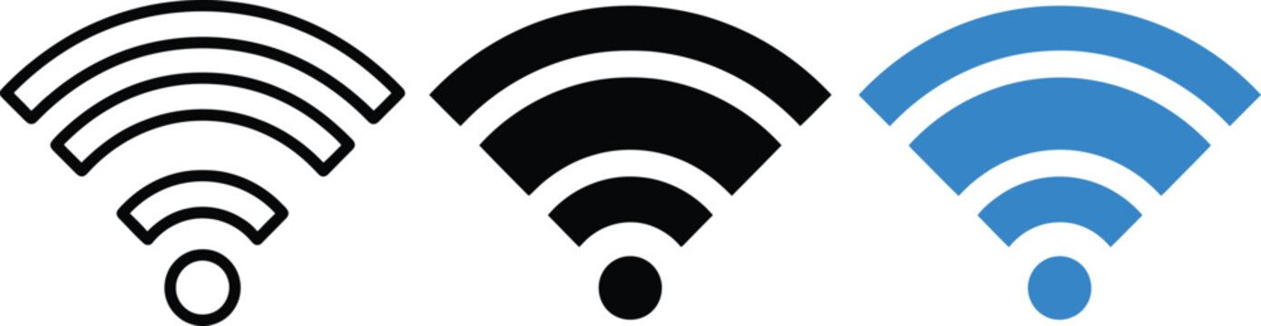 Three wireless internet signal icons, featuring a black outline, a solid black silhouette, and a solid blue wireless network symbol on white