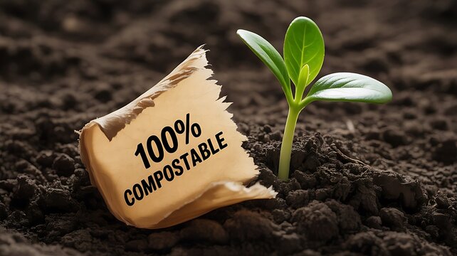 A vibrant green plant seedling growing in dark earth next to a piece of torn paper labeled 100% compostable, illustrating sustainable living and