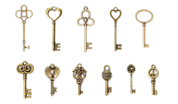 Collection of vintage antique keys isolated on white background