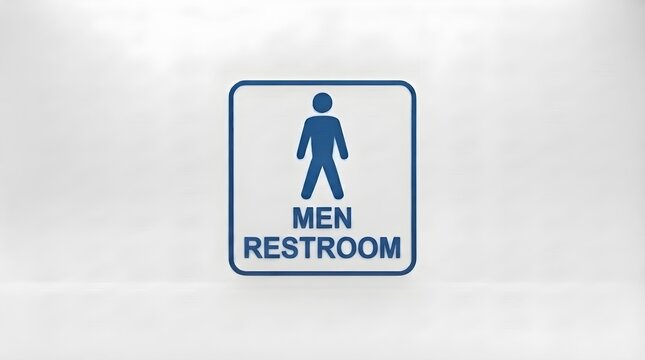 Blue men restroom sign on white wall with male pictogram, bold men label, clean public bathroom wayfinding, minimalist toilet signage, modern facility icon, and simple uncluttered interior design phot