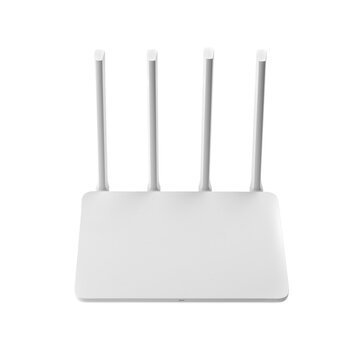 White wireless Wi-Fi router with four antennas isolated on white background