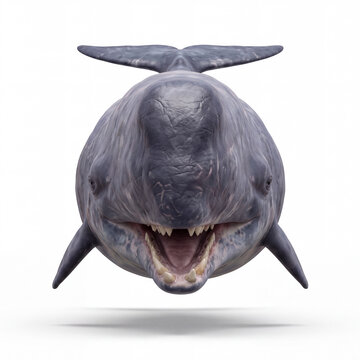 Photorealistic frontal view of Livyatan melvillei, isolated on white background, showing detailed anatomy and scientifically accurate paleontological reconstruction.