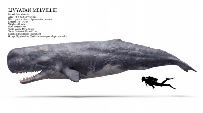 Photorealistic Livyatan melvillei size comparison with human silhouette, isolated on white background, showing accurate scale and scientifically accurate paleontological reconstruction.