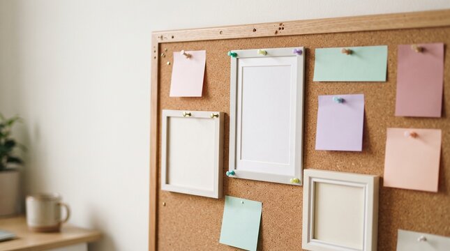 Corkboard with colorful notes and empty frames for creative display