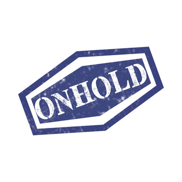 Blue ink rubber stamp with the word onhold in a bold font inside a geometric shape for office document use