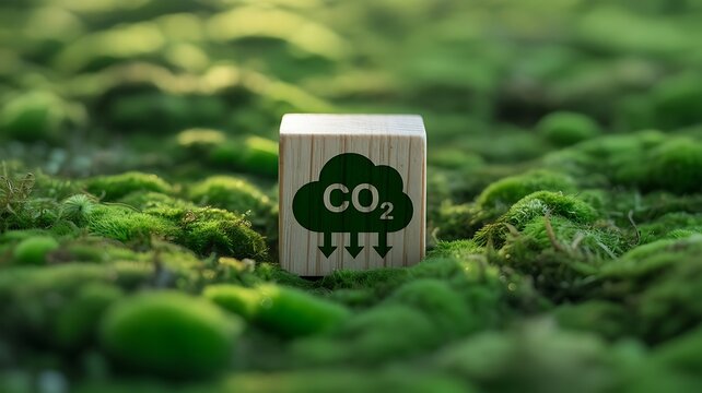 A wooden cube with a carbon dioxide featuring downward arrows placed on a lush green mossy forest floor representing carbon sequestration