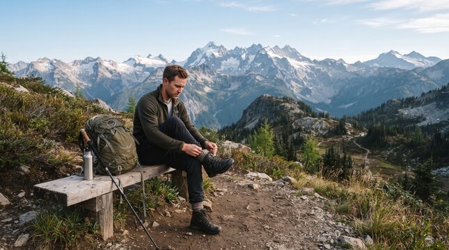 Man tying hiking boots on a bench with stunning mountain vista behind him