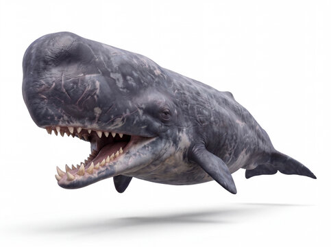 Photorealistic Livyatan melvillei threat display, isolated on white background, showing detailed anatomy and scientifically accurate paleontological reconstruction.